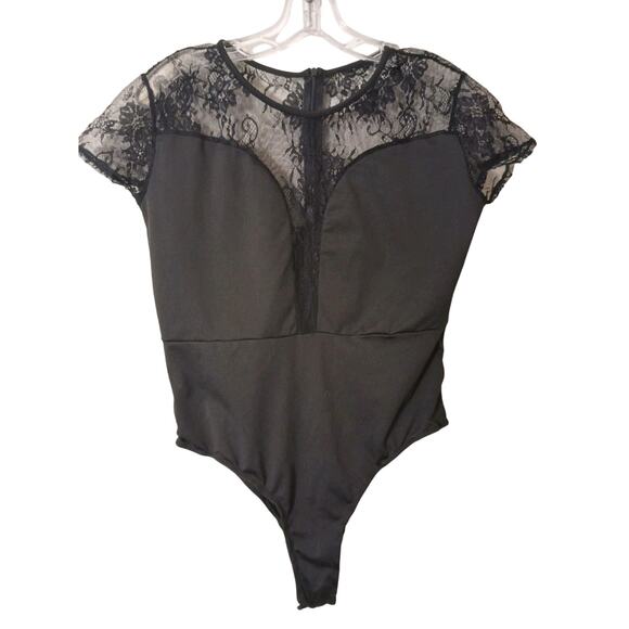 Vntg Romantic Bodysuit Sweatheart Sheer Top Sz L Black Lace Cap Sleeves Coquette - Picture 1 of 16